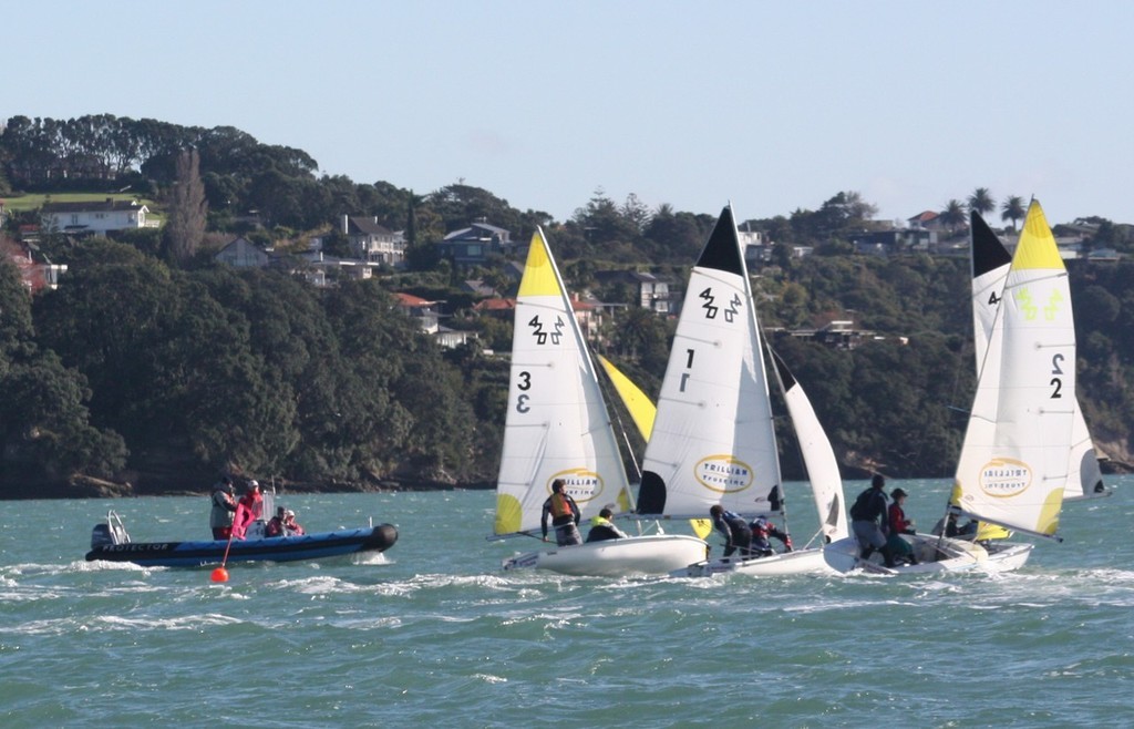 Tough umpiring on Mark 4 - NZ Open Teams Racing Nationals © Kirsty Short